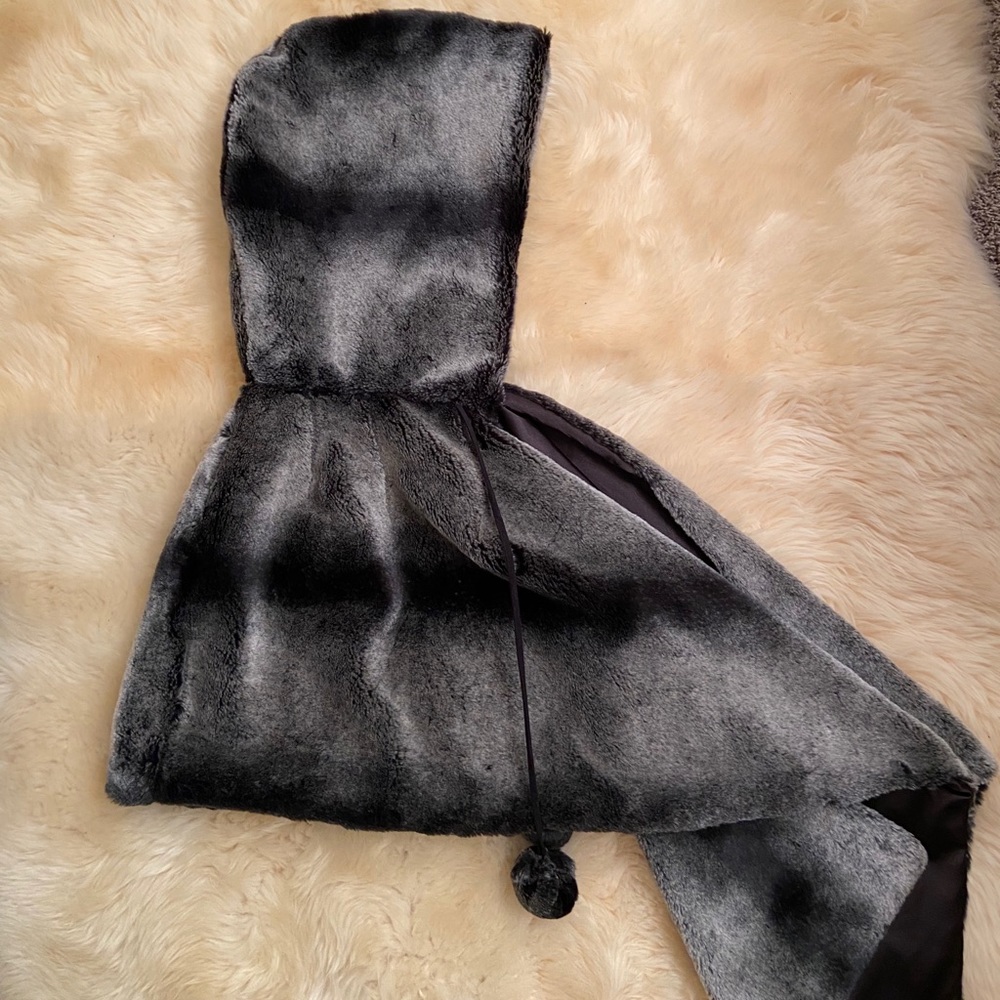 Bebe Faux Fur Hooded Caplet with PomPom Drawstring